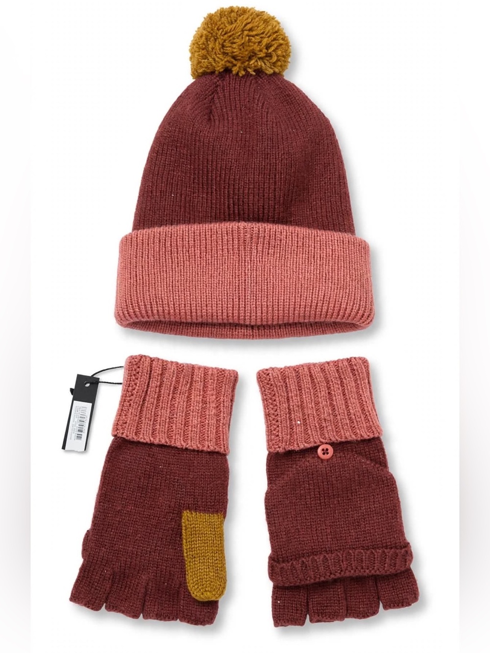 LOVE & LORE NWT Colorblock Pom Beanie & Glittens Set Burgundy Rose Mustard OS